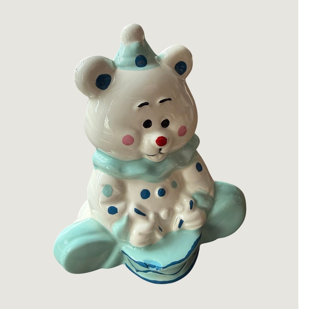 Vintage 1990 Shiah Yih Ceramic Clown Bear Figurine Polka Dot Pastel Decor